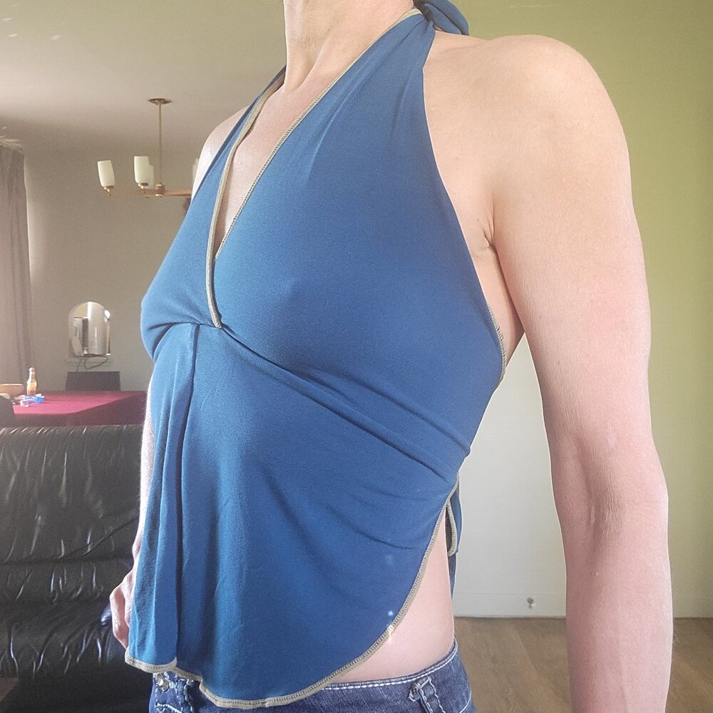 Vintage Y2K | Open Back Blue Apron Top | S/M/L  | Tie Back Halter